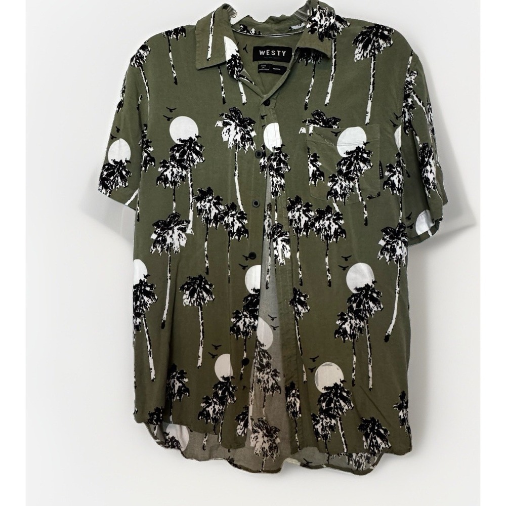 Westy Seek Your Identity Mens Green Hawaiian Palm Tree Button Down Shirt Size M